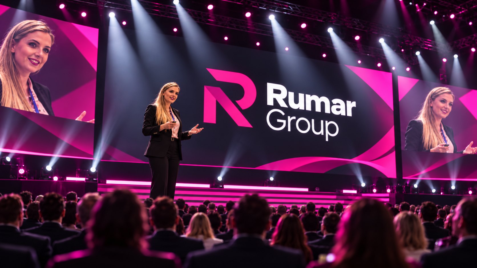 María Macías en el escenario de un evento de Rumar Group